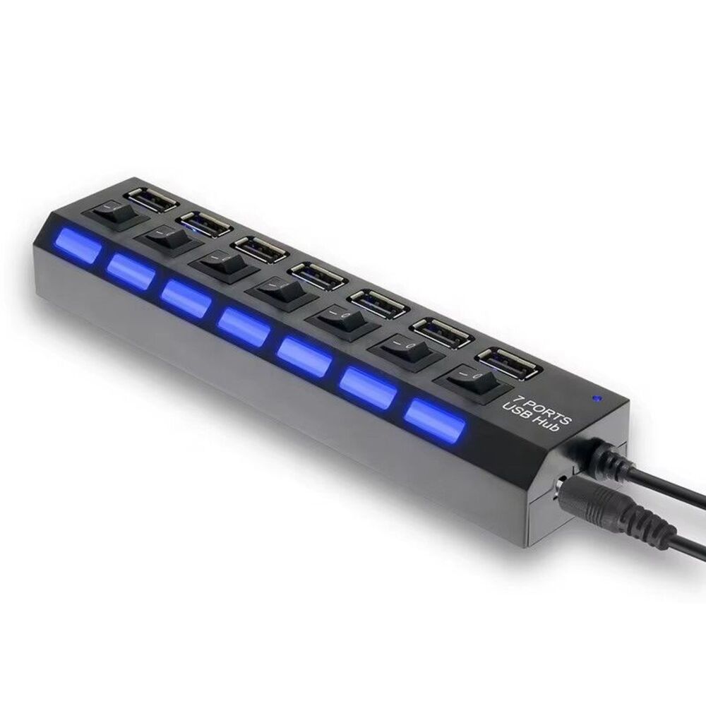 7 Port USB Hub 2.0 High Speed w/ Power Switch PC Mac Laptop Chromebook Xbox PS4